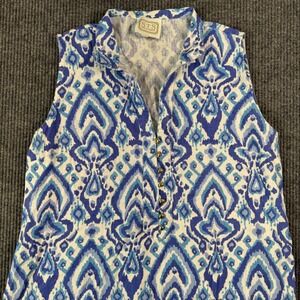 Sail to Sable Sleeveless Shift Dress‎ M Blue White Ikat Print Resort Preppy